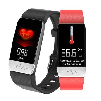 [Mesure de la temperature corporelle] Bakeey T1 Thermometre Moniteur ECG Frequence cardiaque Pression arterielle Moniteur SpO2 Soins de sante GPS Run Route Track Montre intelligente - Noir