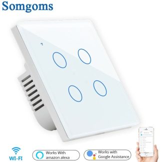 Somgoms SM-41W-EU Tuya WiFi sans fil 4Gang 2 voies interrupteur tactile mural intelligent AC 100V / 220V interrupteur mural sans fil EU / UK Standard Smart Home - Noir