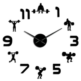 Halterophilie Salle De Remise En Forme Mur Decor DIY Geant Horloge Murale Effet Miroir Powerlifting Sans Cadre Grand Horloge Murale Montre Murale - Argent 37 pouces