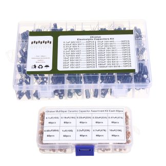 24Value 500Pcs 0.1uF-1000uF condensateurs electrolytiques + 10Value 600 pieces 0.1uF-10uF Kit de boete d'assortiment de condensateurs en ceramique