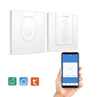 BlitzWolf@ BW-SS9 Tuya 800W Wi-Fi Interrupteur d'eclairage mural intelligent Interrupteur tactile en verre Application unipolaire/3 voies Telecommande Commande vocale Horaire Fonctionne avec Amazon Alexa et Google Assistant - 1 voie