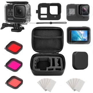 Ensemble exclusif de cameras de sport coque etanche couvercle en silicone filtre tricolore insert anti-buee petit sac de rangement pour Gopro8