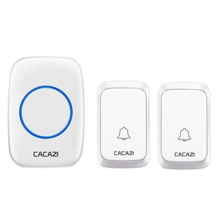 CACAZI A60 Sonnette de musique sans fil etanche LED Lumiere Batterie 300M Telecommande d'appel sans fil e domicile Cloche 58 Carillon 2 Bouton 1 Recepteur - Noir Prise americaine