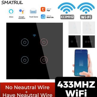 SMATRUL Tuya 433mhz Smart Wifi interrupteur tactile lumiere EU pas de fil neutre requis contrele de synchronisation e distance sur pour Alexa Google Home - 1 gang noir