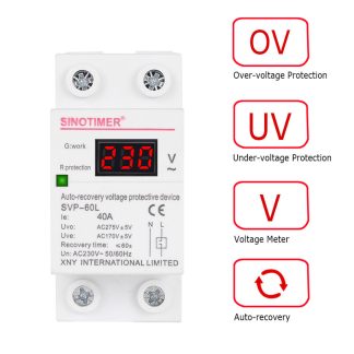 SINOTIMER SVP-60L 230V AC 40A Digital Din Rail Automatic Recovery Over Under Voltage Protection with Voltmeter Display