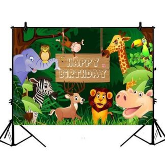 3x5FT 5x7FT 6x8FT Fun Jungle Animaux Photographie Toile de Fond Joyeux Anniversaire Photo Fond Decoration De Fete - M