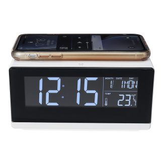 DC12V Digital Reveil Numerique Veilleuse Gradateur Et 10W Qi Chargeur Rapide Sans Fil Pour Telephone