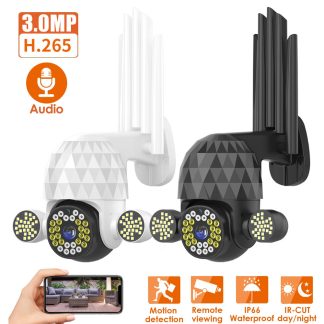 Guudgo 3MP HD PTZ Securite Wifi Camera IP Vision Nocturne H.265 IP66 etanche 360 e Detections De Mouvement Panoramique 5 x Camera Zoom - Noir