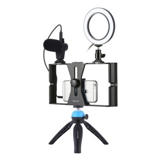 Puluz PKT3025 support de stabilisateur Vlog video microphone lumiere de l'anneau pour la photographie de telephone intelligent - Bleu