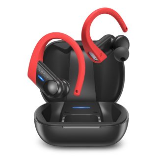 BlitzWolfe AirAux AA-UM12 TWS Bluetooth V5.1 ecouteurs HiFi Stereo Basse Profonde Contrele Tactile IPX5 etanche Sports Earhooks Casque avec Micro - Rouge Bleu