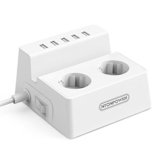 NTONPOWER EU Prise de courant Power prise 2 AC Extension de prises avec 5 USB chargeur Surge Protector 1.5M - white