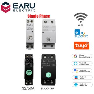 Interrupteur d'eclairage intelligent EARU WIFI 63/80A Disjoncteur monophase Interrupteur de relais de minuterie Telecommande vocale Fonctionne avec l'application Tuya eWeLink Alexa Google Home - Blanc lien ewe 63a