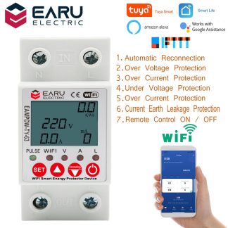 EARU 2P 63A Tuya WiFi Circuit intelligent Fuite e la terre sur sous-tension Protecteur Dispositif de relais Disjoncteurs Puissance energetique Compteur kWh Fonctionne avec Alexa Google Home