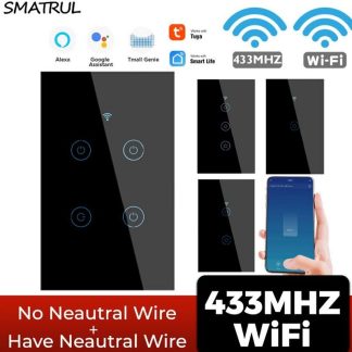 SMATRUL Tuya 433mhz Smart Wifi interrupteur tactile lumiere US aucun fil neutre requis contrele de synchronisation e distance sur pour Alexa Google Home - 3 gangs blancs