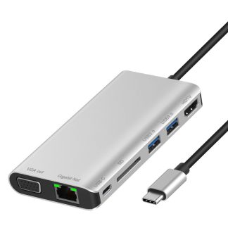 Adaptateur Hub 8-en-1 USB Type C avec port Ethernet Lecteur de carte SD HDMI 4K Alimentation USB-C VGA 2 ports USB 3.0 et audio