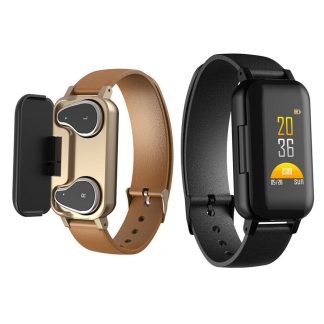 Bakeey Bluetooth 5.0 Smart Wireless Dual Headphone Wristband Heart Rate Monitor Long Standby Smart Watch - Dore