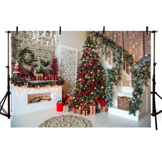 Arbre de noel escaliers photographie decors bois plancher cheminee fond tissu pour Photo Studio toile de fond - 2,1 x 1,5 m