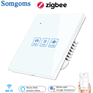 Somgoms Tuya ZB rideau tactile interrupteur mural panneau en cristal stores motorises electriques interrupteur intelligent telecommande fonctionne avec Alexa Google Home - Noir