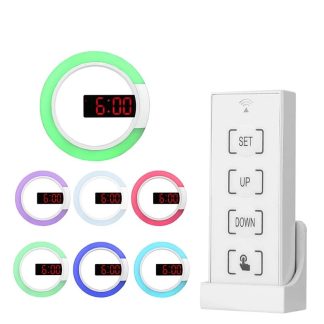 TS-S24 7 couleurs RVB LED Miroir lumineux Horloge murale creuse avec telecommande Horloge numerique suspendue creative avec temperature d'alarme - Blanc