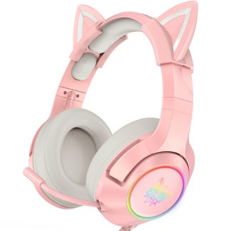ONIKUMA Casque filaire Pilotes dynamiques stereo Casque de reduction du bruit 3.5MM RVB Lumineux Rose Oreille de chat reglable Casque de jeu supra-auriculaire avec micro - rose