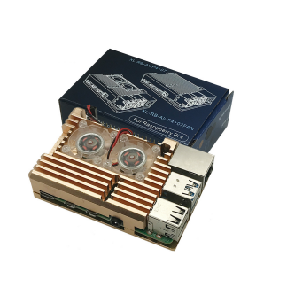 Boetier metallique avec boetier en alliage d'aluminium dore Armor avec double ventilateur pour Raspberry Pi 4 Model B uniquement