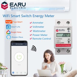 EARU Tuya WiFi Smart Switch Puissance Compteur D'energie Consommation kWh Voltmetre 90-250V Din Rail Telecommande Commutateur Fonctionne Avec Alexa Google Home