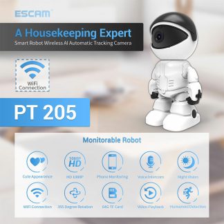 ESCAM PT205 1080P Robot Camera IP Camera de Securite 360 e WiFi Sans Fil 2MP CCTV Camera Smart Home Surveillance Video P2P Hidden Baby Monitor - Blanc Prise americaine