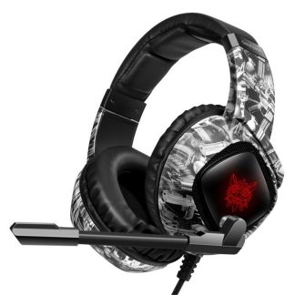ONIKUMA K19 Casque de jeu Casque stereo USB 3,5 mm sur la tete casque antibruit confortable LED lumieres ecouteurs avec micro reglable - Gris camouflage
