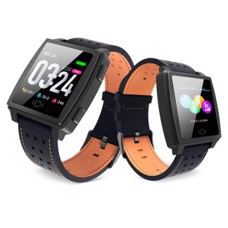 Bakeey - CK22 - Coque en fibre de carbone - Record de mouvement - Bracelet en cuir avec frequence cardiaque - 24 heures - Mode sport - Montre intelligente - Noir