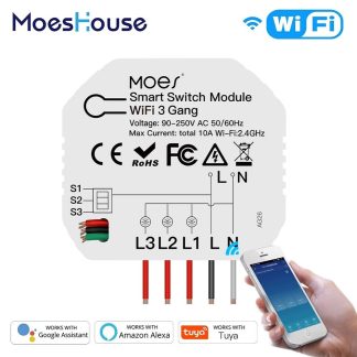 MoesHouse Mini DIY WiFi Smart Light Switch Module 3 Gang 1/2 Way Smart Life/Tuya App Control Fonctionne avec Amazon Alexa Google Home - 2PCS
